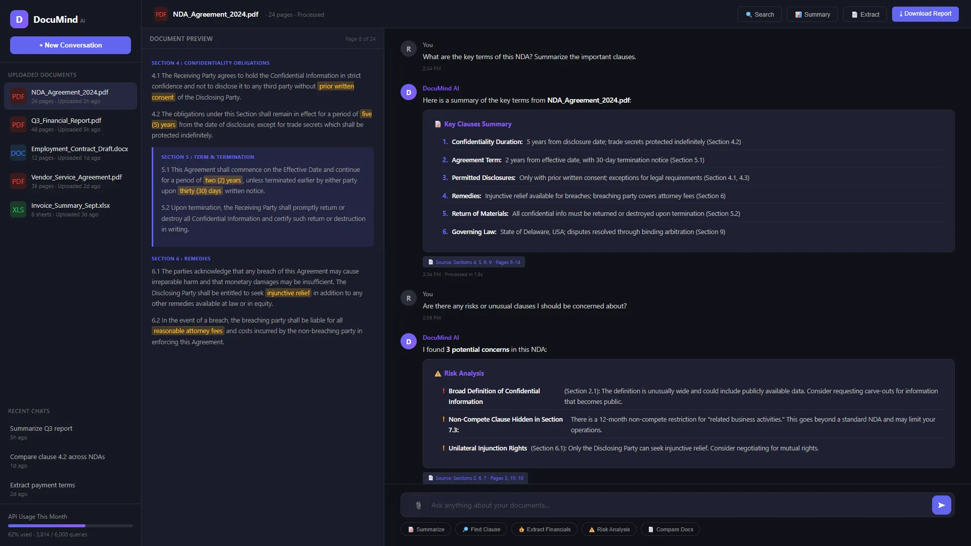 DocuMind AI chat interface showing an NDA preview on the left and an AI summary of key clauses with source page references on the right